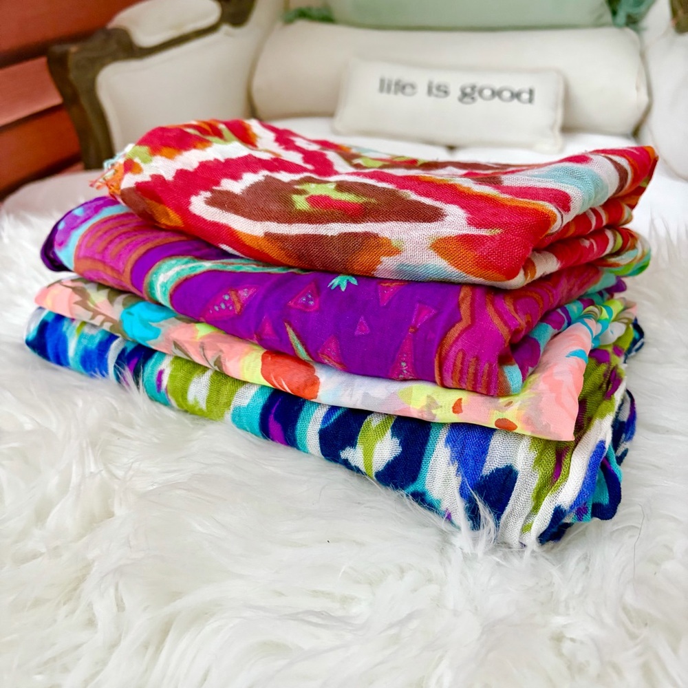 3/$30 -Lot of 4 colorful lightweight scarves, sarongs purple, orange, pink, blue